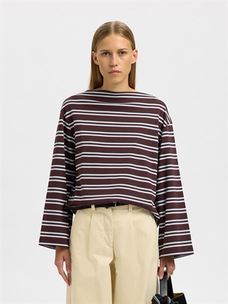 Selected Femme SlfPolly LS Boatneck Striped Tee Fig